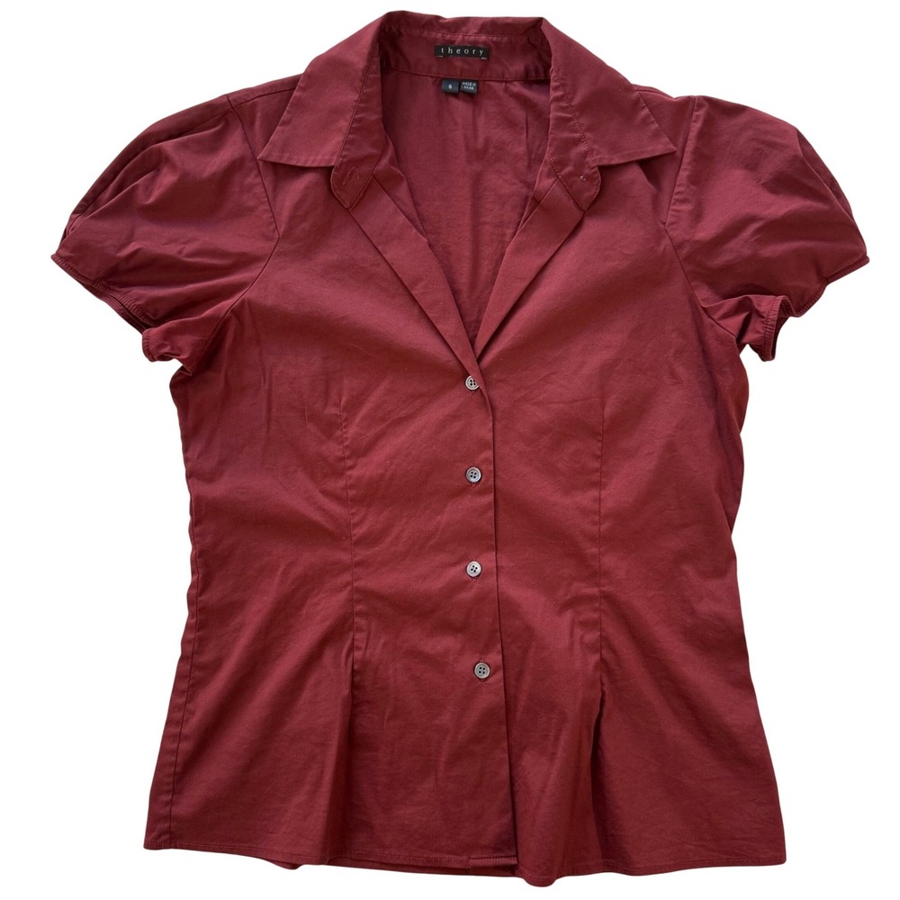 Theory burgundy Red Puff Sleeve Button Down Blouse Top office quiet luxury Sz S